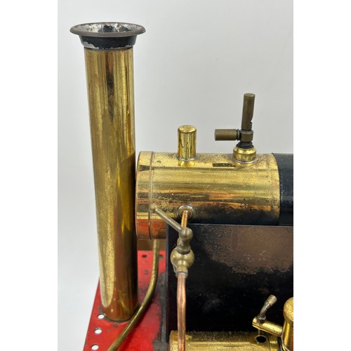 1294 - A Bowmans Stationary Live Steam Engine Model mounted on a metal plate 28cm x 23cm with original wood... 