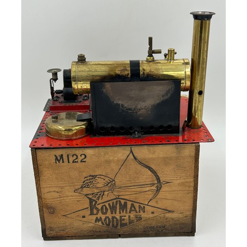 1294 - A Bowmans Stationary Live Steam Engine Model mounted on a metal plate 28cm x 23cm with original wood... 