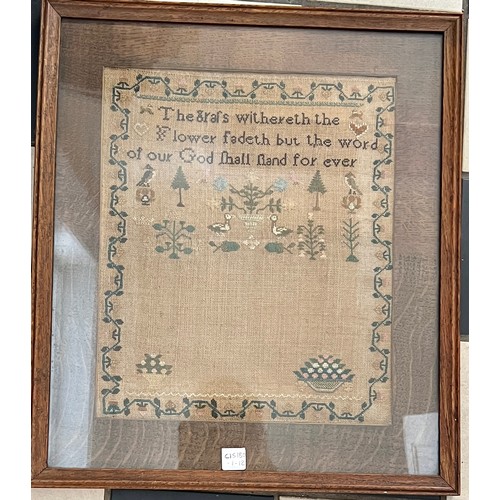 884 - An unfinished 19thC cross stitch sampler. ‘The grass withereth the flower fadeth but the word of our... 