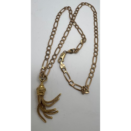 625 - A 9 carat gold chain necklace with 9 carat gold drop tassel. Total weight 11.5gm. Chain length 44cm.