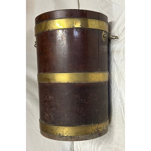 1296 - An oak brass bound bucket/planter with brass handles and interior wood partition just below halfway.... 