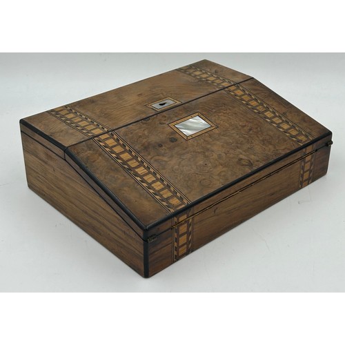 949 - A Tunbridge ware inlaid walnut writing slope with Mother Of Pearl decoration, fitted interior to inc... 