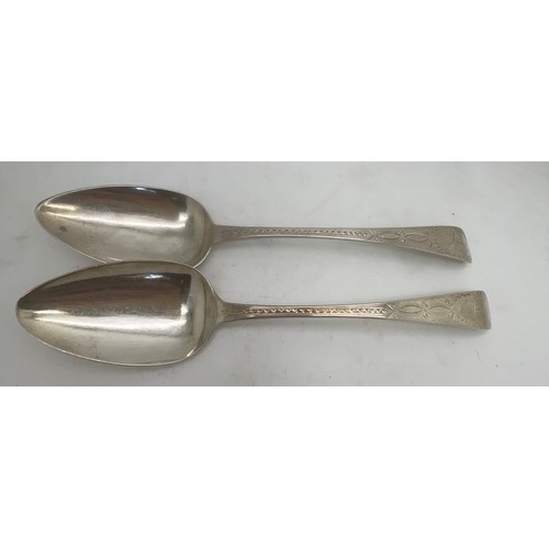 784 - A pair of bright cut silver serving spoons London 1802, maker Peter, Anne and William Bateman. Initi... 