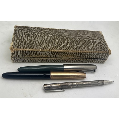 970 - Three vintage Parker fountain pens together with a rhodium plated Yard-O- Lead pencil.