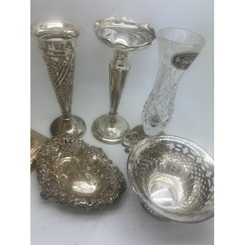 771 - Silver to include three weighted vases, candlestick with weighted base 13cm h. and two dishes. Vario... 