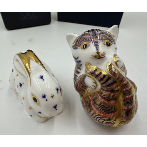 399 - Boxed Royal Crown Derby paperweights to include Baby Rabbit (gold stopper) and Playful Kitten (silve... 