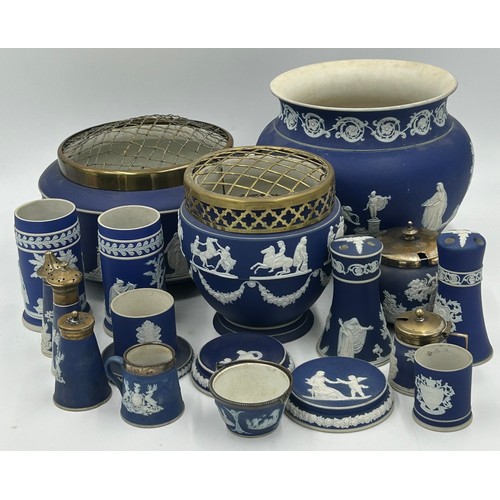 193 - Adams Tunstall Jasperware to include jardinière 18cm h x 18.5cm, 2 x hat pins 10cm h, lidded jam pot... 