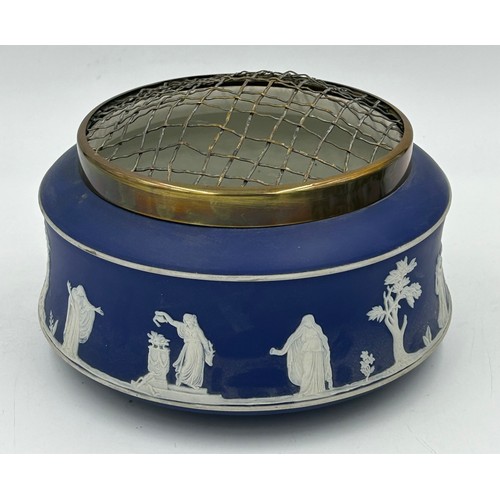 193 - Adams Tunstall Jasperware to include jardinière 18cm h x 18.5cm, 2 x hat pins 10cm h, lidded jam pot... 