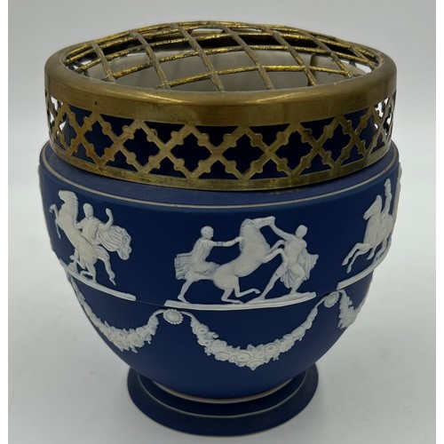 193 - Adams Tunstall Jasperware to include jardinière 18cm h x 18.5cm, 2 x hat pins 10cm h, lidded jam pot... 