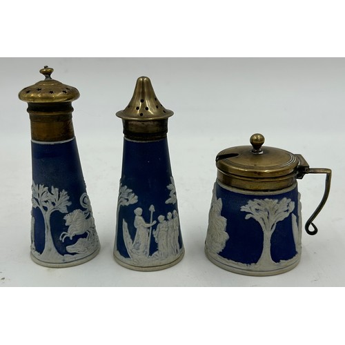 193 - Adams Tunstall Jasperware to include jardinière 18cm h x 18.5cm, 2 x hat pins 10cm h, lidded jam pot... 