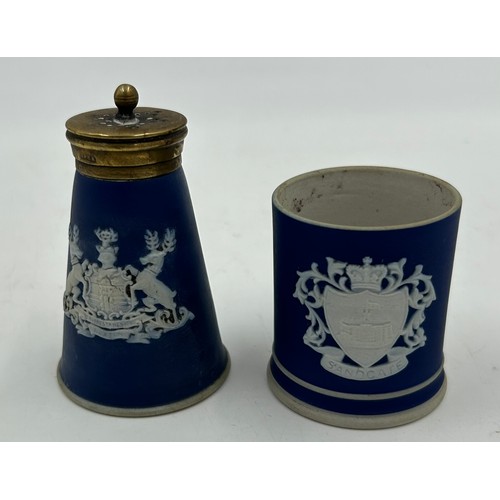 193 - Adams Tunstall Jasperware to include jardinière 18cm h x 18.5cm, 2 x hat pins 10cm h, lidded jam pot... 