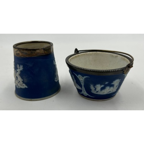 193 - Adams Tunstall Jasperware to include jardinière 18cm h x 18.5cm, 2 x hat pins 10cm h, lidded jam pot... 