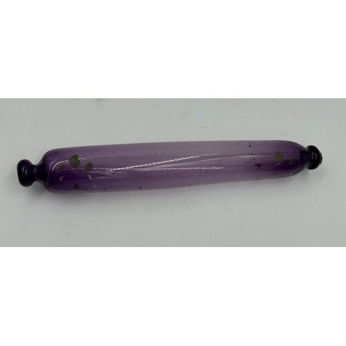 428 - Various glass to include a Victorian purple glass rolling pin, a Royal Brierley iridescent cranberry... 