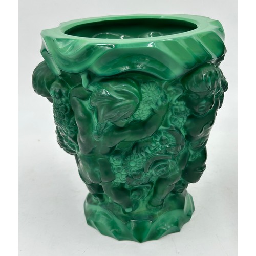 429 - Two Art Deco malachite glass vases. Tallest vase decorated with nude figures 21.5cm and widest vase ... 