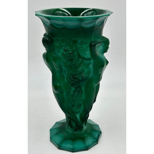 429 - Two Art Deco malachite glass vases. Tallest vase decorated with nude figures 21.5cm and widest vase ... 