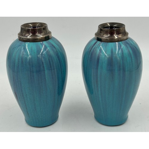 184 - A pair of early 20thC ceramic art studio pottery vases, 14.5cm h with turquoise blue drip glaze and ... 