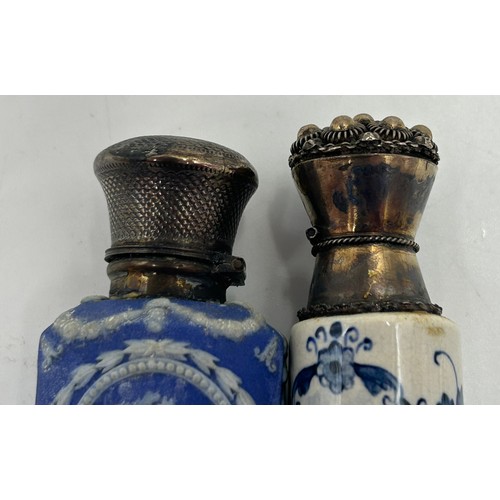 185 - Two blue and white perfume bottles with metal tops, one Delft 8cm h.