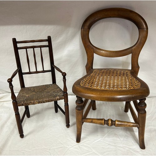 1302 - Two small chairs - A doll's spindle back carver chair with rush work seat 34cm h x 19cm h together w... 