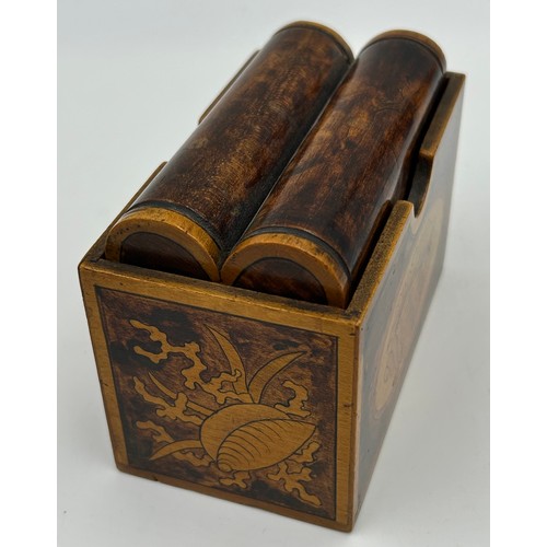 950 - A selection of four wooden boxes to include 3 x Playing card holders inlaid and decorated with flowe... 