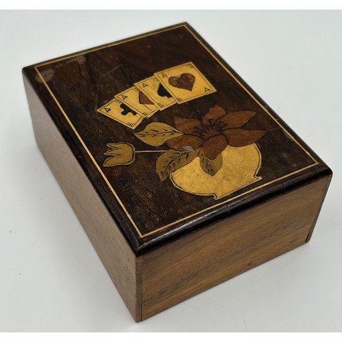 950 - A selection of four wooden boxes to include 3 x Playing card holders inlaid and decorated with flowe... 