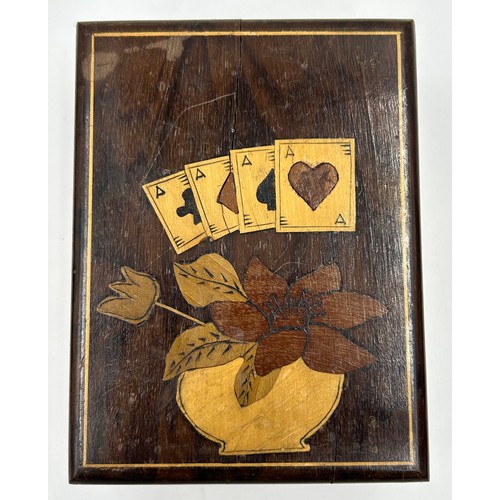 950 - A selection of four wooden boxes to include 3 x Playing card holders inlaid and decorated with flowe... 