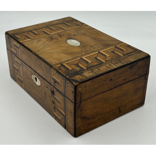 951 - Four late 19thC Tunbridge Ware Vanity boxes to include 2 x Walnut with geometric marquetry design in... 