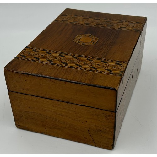 951 - Four late 19thC Tunbridge Ware Vanity boxes to include 2 x Walnut with geometric marquetry design in... 