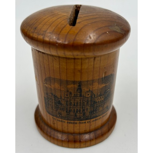 952 - A collection of boxes to include a round Tortoiseshell  trinket box, a Money Box with London scene, ... 