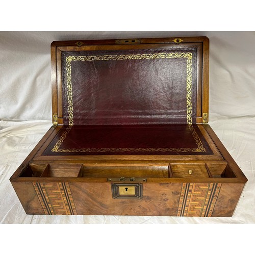 953 - A Tunbridge Ware Walnut Writing Slope 27cm x 17cm x 50cm. Inlaid geometric pattern and brass plate o... 