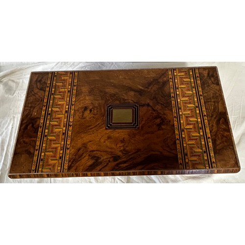 953 - A Tunbridge Ware Walnut Writing Slope 27cm x 17cm x 50cm. Inlaid geometric pattern and brass plate o... 