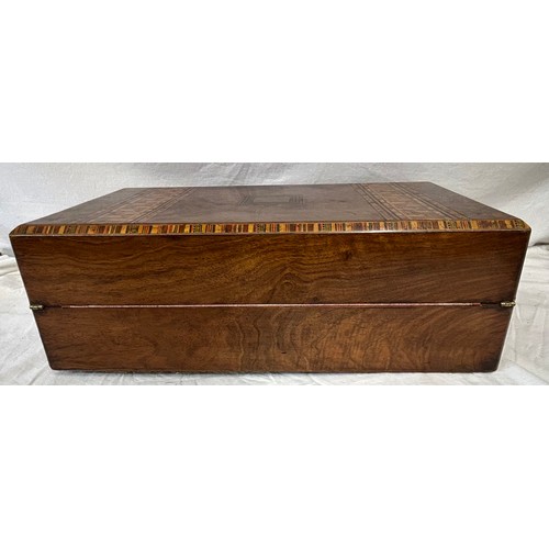 953 - A Tunbridge Ware Walnut Writing Slope 27cm x 17cm x 50cm. Inlaid geometric pattern and brass plate o... 