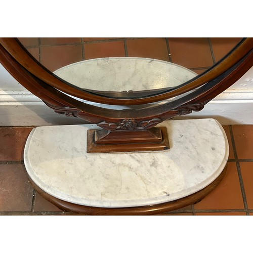 1234 - A mahogany dressing table mirror on a white marble and mahogany stand. Total height 88cm h, mirror a... 