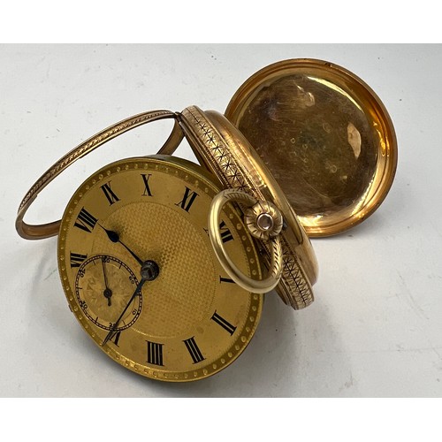 705 - An 18 carat gold cased pocket watch with subsidiary seconds dial. 5.5cm d. Total weight 156gm.