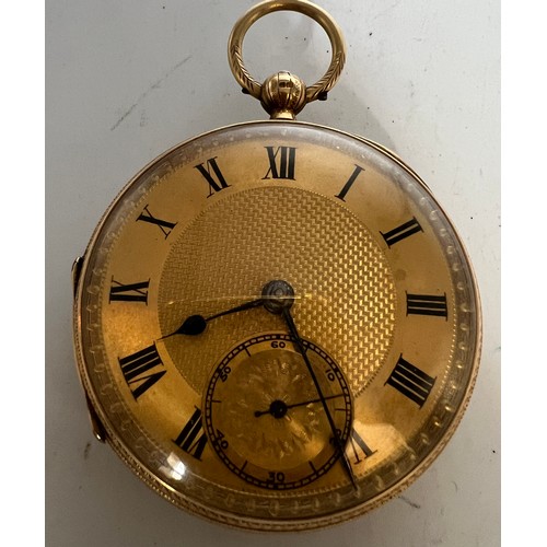 705 - An 18 carat gold cased pocket watch with subsidiary seconds dial. 5.5cm d. Total weight 156gm.