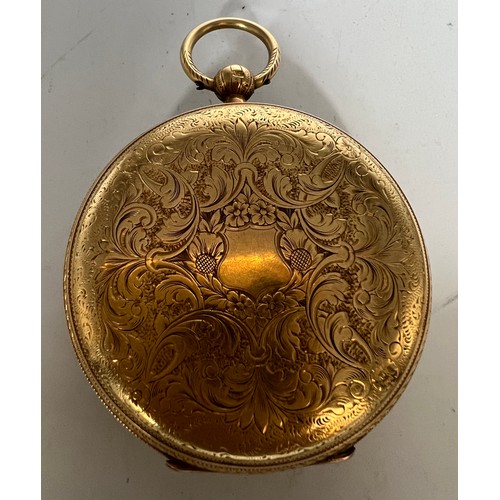 705 - An 18 carat gold cased pocket watch with subsidiary seconds dial. 5.5cm d. Total weight 156gm.