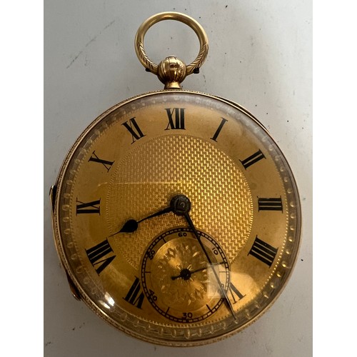 705 - An 18 carat gold cased pocket watch with subsidiary seconds dial. 5.5cm d. Total weight 156gm.