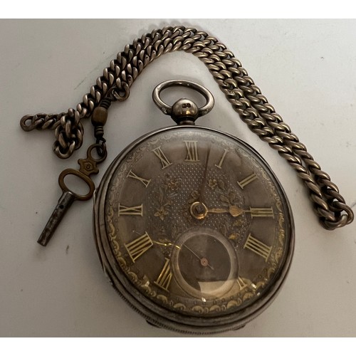 706 - A silver fusée pocket watch with subsidiary seconds dial and silver chain and associated key.  Londo... 