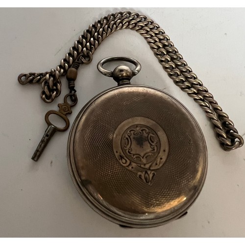 706 - A silver fusée pocket watch with subsidiary seconds dial and silver chain and associated key.  Londo... 