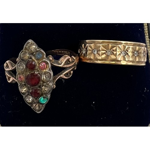 613 - A 9 carat gold ring set with multi coloured stones in silver, size O, together with a 9 carat gold b... 