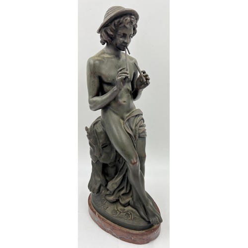 1304 - Jacques Antoine Theodore Coinchon, French, bronze figure of pan seated on a tree stump on a red marb... 