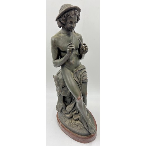 1304 - Jacques Antoine Theodore Coinchon, French, bronze figure of pan seated on a tree stump on a red marb... 