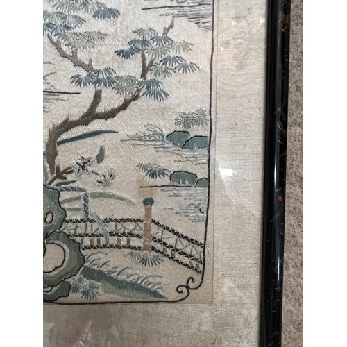 936 - Two framed Chinese silk embroidered panels. 62cm x 15cm with frames.