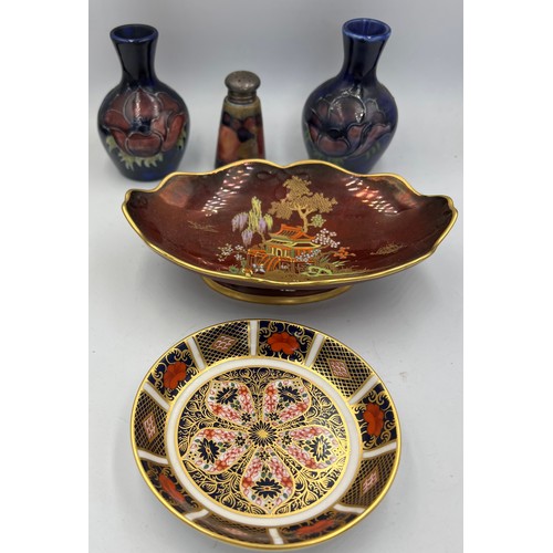 406 - Ceramics to include Royal Crown Derby dish, Carlton Ware dish, two Moorcroft vases 10cm h  and an un... 