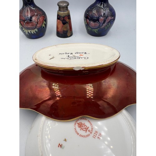 406 - Ceramics to include Royal Crown Derby dish, Carlton Ware dish, two Moorcroft vases 10cm h  and an un... 