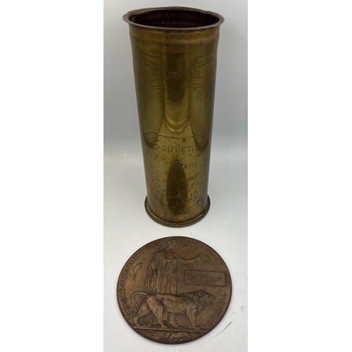 1034 - A WW1 death penny for Percy Frost and a WWI trench art shell case, Souvenir from Ypres 14-19. 22cm h... 