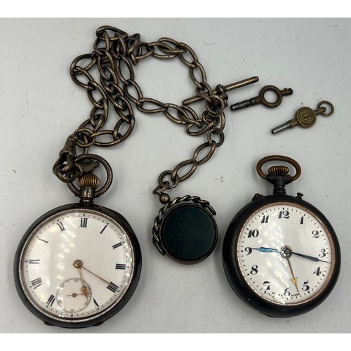 708 - Two pocket watches to include one .925 silver with subsidiary seconds dial, on silver chain with T b... 