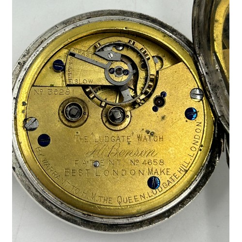 707 - A silver J W Benson 'Ludgate' pocket watch, London 1885, Patent No 4658, 'by warrant to H M the Quee... 