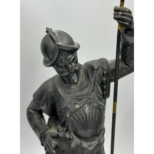 1310 - Three late 19thC Spelter figurines to include Man with sickle 50cm h, Woman with sickle 'Surprise' 5... 