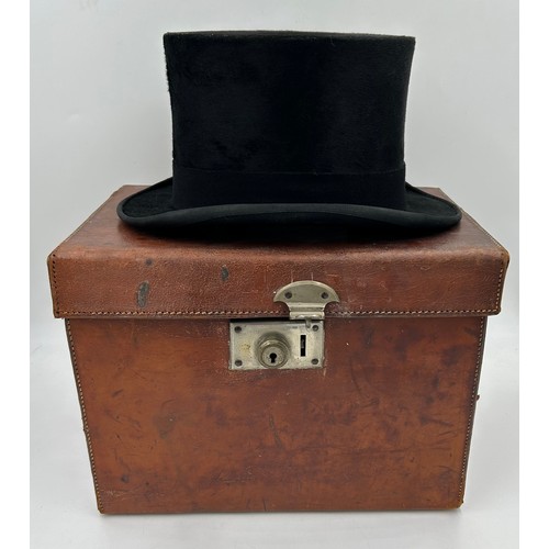 856 - A collection of eight Silk/Beaver Top Hats to include Scott & Co 21cm x 16.5 cm in leather case by C... 