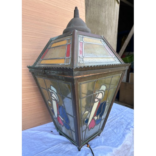 1010 - A stained glass William Younger pub wall light/lantern. 43cm x 43cm x 77cm h.